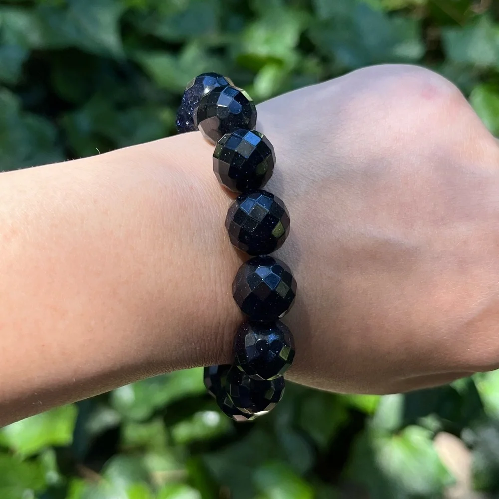 14mm sparkling faceted‎ blue sandstone bracelet